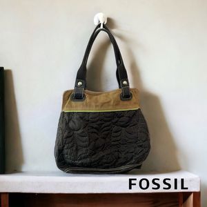 Vintage Fossil Quilted Tote Bag Shoulder Purse Black Tan